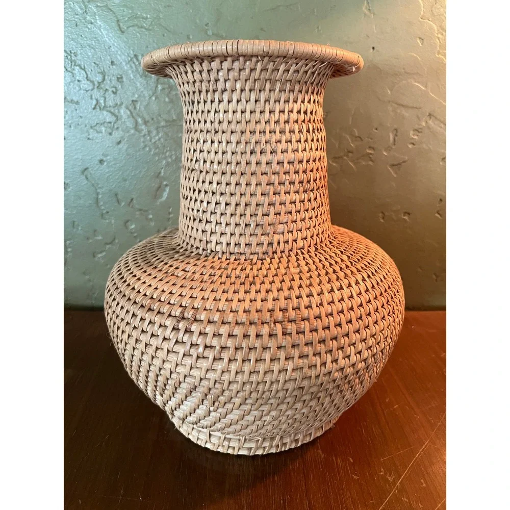 Vintage Woven Rattan Wicker Vase Natural Boho Decorative Flared Rim Vessel